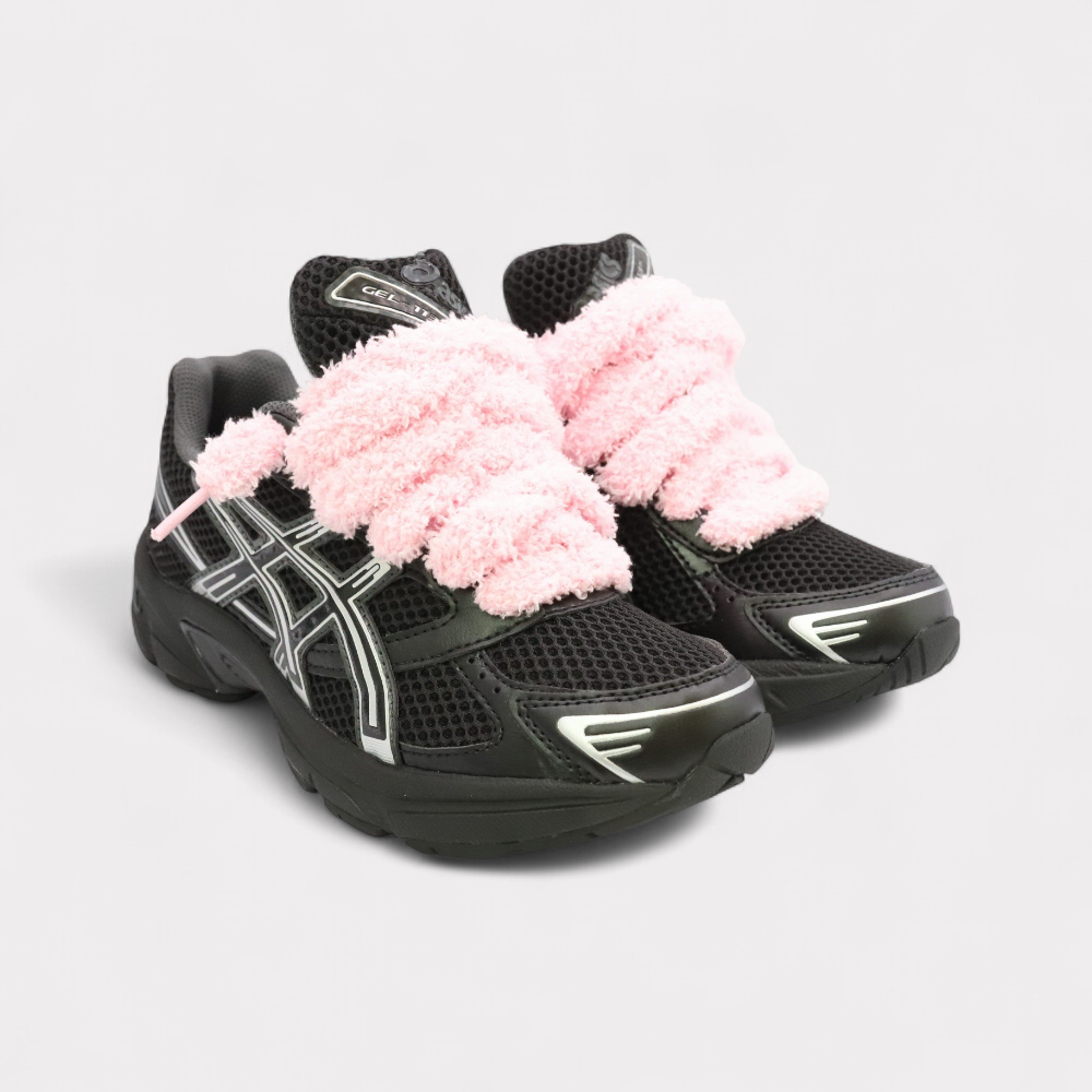 GEL-1130 Zwart Puur Zilver - Fluffy Veters Roze